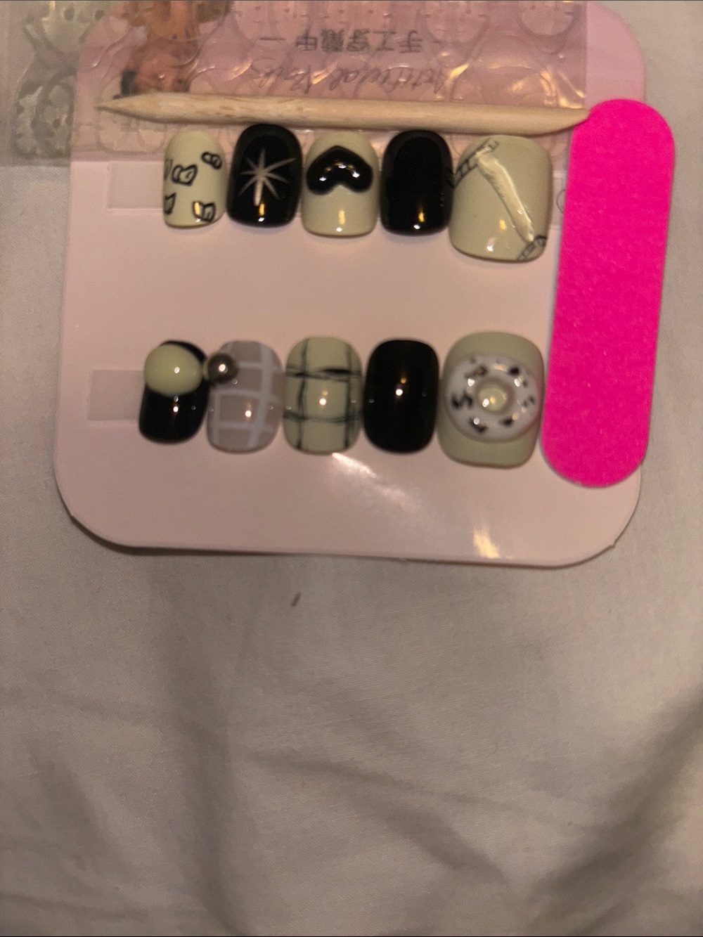 Black & Cream Press-On Nail Set with Mixed Designs